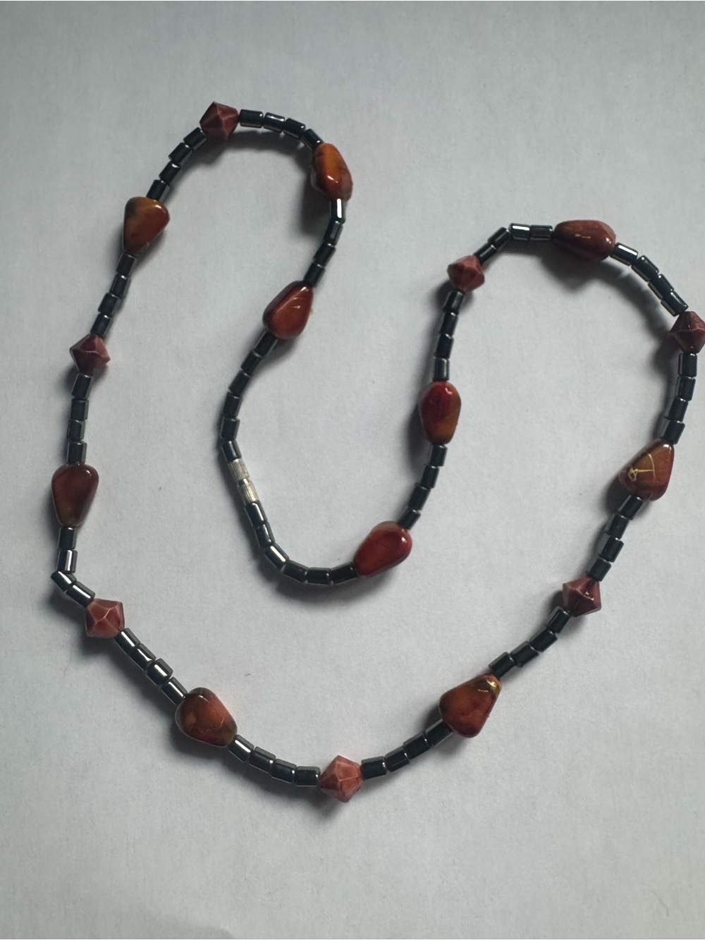 Artisian Boho Orange Red Fire Agate Glass Bead/Hematite  Strand Necklace 9.5 in